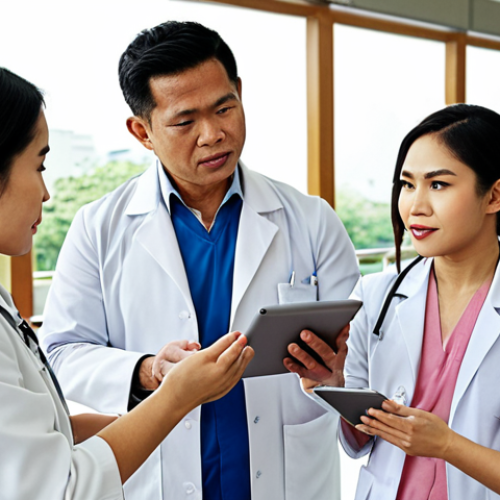 **

"A modern hospital lobby in Bangkok, Thailand. A friendly doctor in a white coat is talking to a Thai family, explaining test results on a tablet. Soft, natural lighting and a welcoming atmosphere. Emphasis on patient care and advanced technology."

**