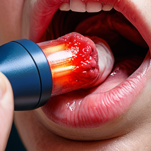 **A close-up shot of inflamed tonsils, visibly red and swollen, with white pus pockets, inside a patient's throat. A doctor is using a medical flashlight to examine them. Emphasize the discomfort and potential pain.**