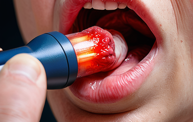 **A close-up shot of inflamed tonsils, visibly red and swollen, with white pus pockets, inside a patient's throat. A doctor is using a medical flashlight to examine them. Emphasize the discomfort and potential pain.**