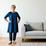 A middle-aged woman, fully clothed in modest, comfortable home attire, is slowly and cautiously standing up from a modern armchair in a bright, tidy living room. Her expression is focused and calm, indicating careful, deliberate movement. The scene is well-lit with natural light, creating a serene and professional atmosphere. Perfect anatomy, correct proportions, natural pose, well-formed hands, proper finger count, natural body proportions. Safe for work, appropriate content, fully clothed, modest, family-friendly.