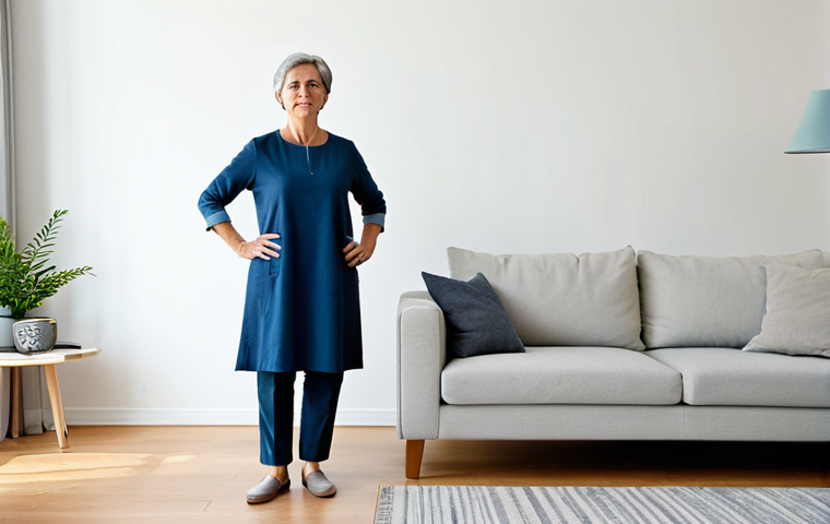 A middle-aged woman, fully clothed in modest, comfortable home attire, is slowly and cautiously standing up from a modern armchair in a bright, tidy living room. Her expression is focused and calm, indicating careful, deliberate movement. The scene is well-lit with natural light, creating a serene and professional atmosphere. Perfect anatomy, correct proportions, natural pose, well-formed hands, proper finger count, natural body proportions. Safe for work, appropriate content, fully clothed, modest, family-friendly.