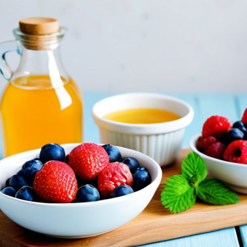 Home 20 A Colorful and Healthy Meal for Allergy Sufferers**
A vibrant still life featuring a bowl of mixed berries (strawberries, blueberries, raspberries), a sliced orange, a green apple, a small bowl of kimchi, and a container of plain yogurt. The scene is brightly lit and set against a light wooden table. In the background, slightly blurred, is a small pot of honey and a bottle of flaxseed oil. "Safe for work", "appropriate content", "fully clothed" (implied through the absence of people), "professional photography", "food photography", "high quality", "perfect composition", "natural lighting", "modest arrangement", "family-friendly".
**