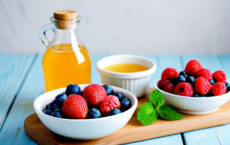 A Colorful and Healthy Meal for Allergy Sufferers**
A vibrant still life featuring a bowl of mixed berries (strawberries, blueberries, raspberries), a sliced orange, a green apple, a small bowl of kimchi, and a container of plain yogurt. The scene is brightly lit and set against a light wooden table. In the background, slightly blurred, is a small pot of honey and a bottle of flaxseed oil. "Safe for work", "appropriate content", "fully clothed" (implied through the absence of people), "professional photography", "food photography", "high quality", "perfect composition", "natural lighting", "modest arrangement", "family-friendly".
**