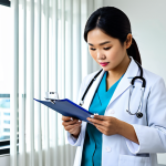 알레르기 비염과 축농증 차이점 - A Thai doctor in a modern, clean hospital office, wearing a white coat and stethoscope, examining a ...