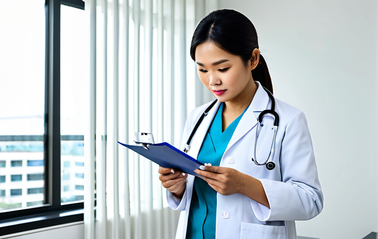 알레르기 비염과 축농증 차이점 - A Thai doctor in a modern, clean hospital office, wearing a white coat and stethoscope, examining a ...