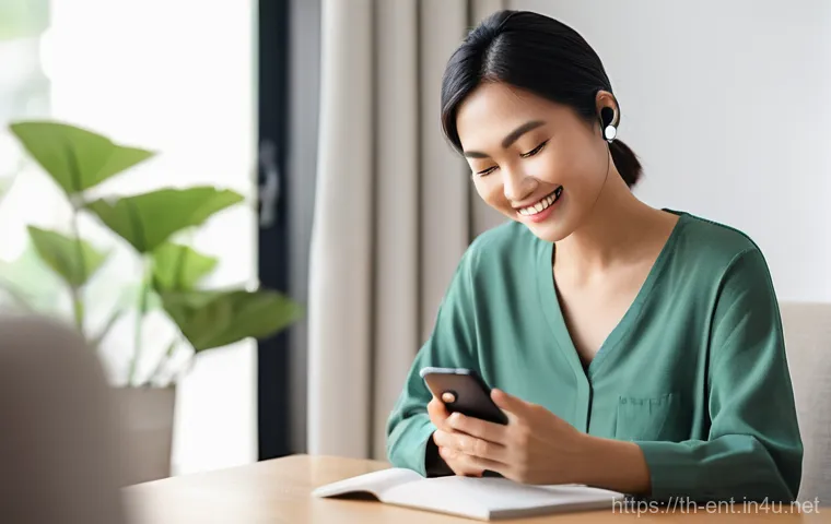 난청 진단 장비의 최신 기술 - **Prompt:** A modern and warm scene depicting a Thai woman in her late 30s, with a gentle smile, usi...