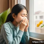 비염과 축농증을 구분하는 방법 - A detailed medical illustration showing a young adult Thai person indoors, experiencing allergic rhi...