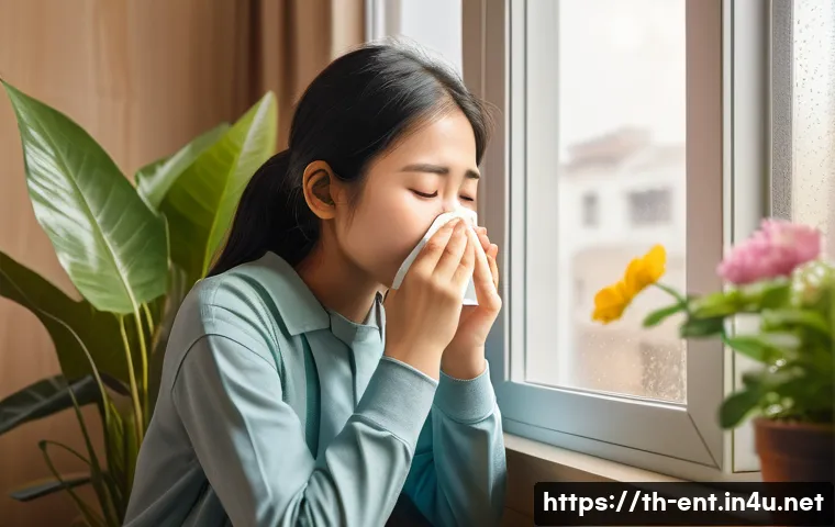 비염과 축농증을 구분하는 방법 - A detailed medical illustration showing a young adult Thai person indoors, experiencing allergic rhi...