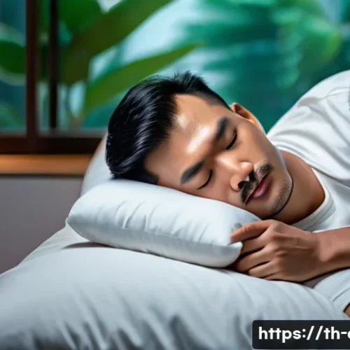 코골이 방지 기구 추천 - A detailed lifestyle scene showing a Thai adult male using a nasal dilator device while sleeping pea...