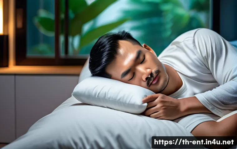 코골이 방지 기구 추천 - A detailed lifestyle scene showing a Thai adult male using a nasal dilator device while sleeping pea...