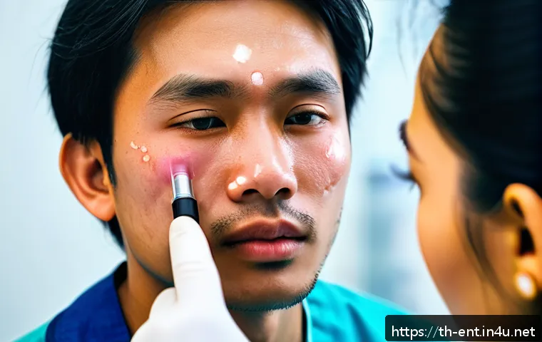 코 뼈 골절 진단과 치료 병원 - A detailed medical illustration of a young adult Thai man with a visibly swollen and bruised nose af...