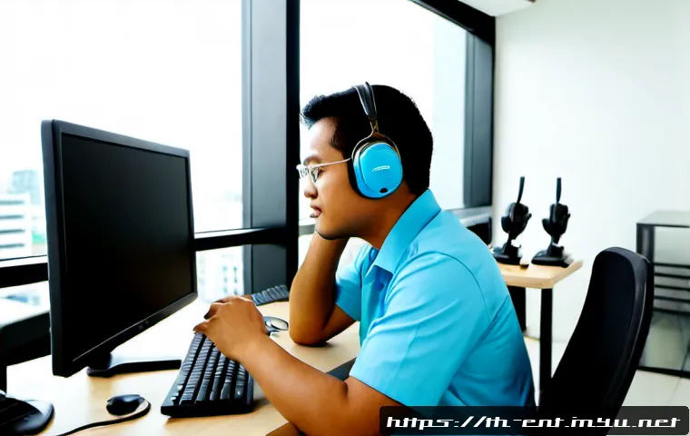 소음성 난청 예방을 위한 생활 팁 - Photorealistic Thai office worker in a bright modern Bangkok coworking space, calmly wearing large o...