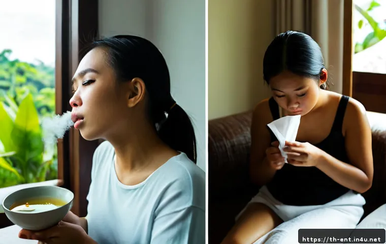 알레르기 비염과 감기의 차이 - Photorealistic split-scene comparison in a bright modern Thai home: on the left, a Thai adult sittin...